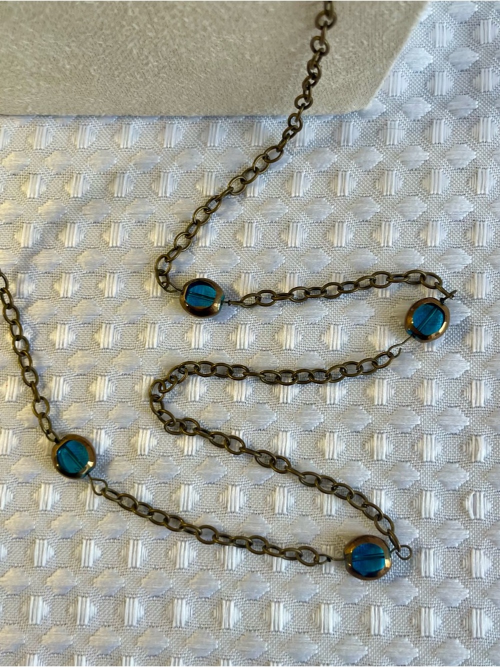 Long Antiqued Bronze Strand Station Necklace with Teal Glass Cabochons #656 - Picture 3 of 4